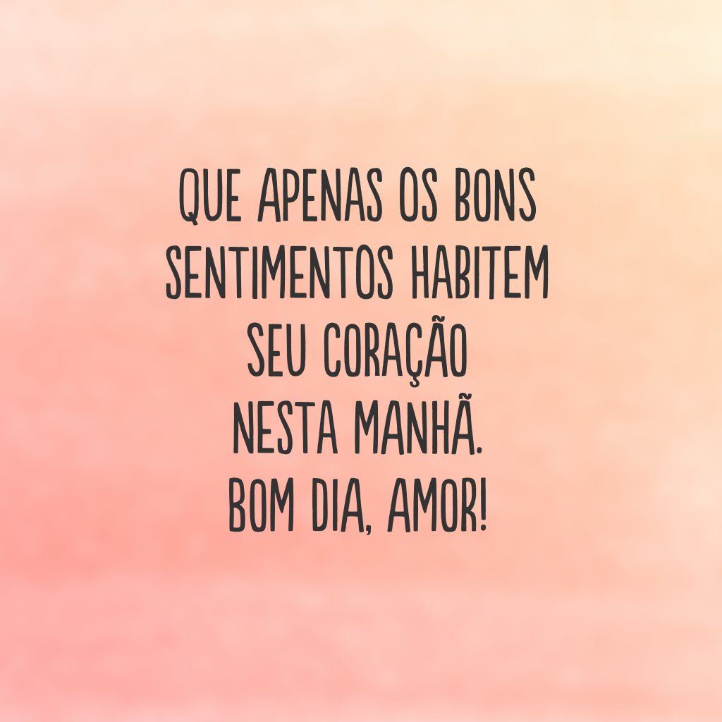 Que apenas os bons sentimentos habitem seu coração nesta manhã. Bom dia, amor!