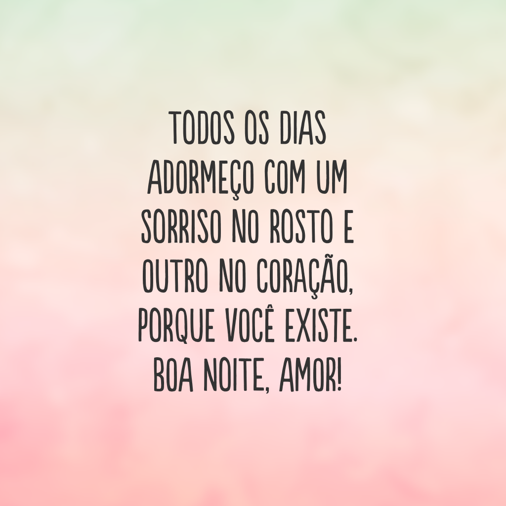 Todos os dias adormeço com um sorriso no rosto e outro no coração, porque você existe. Boa noite, amor!