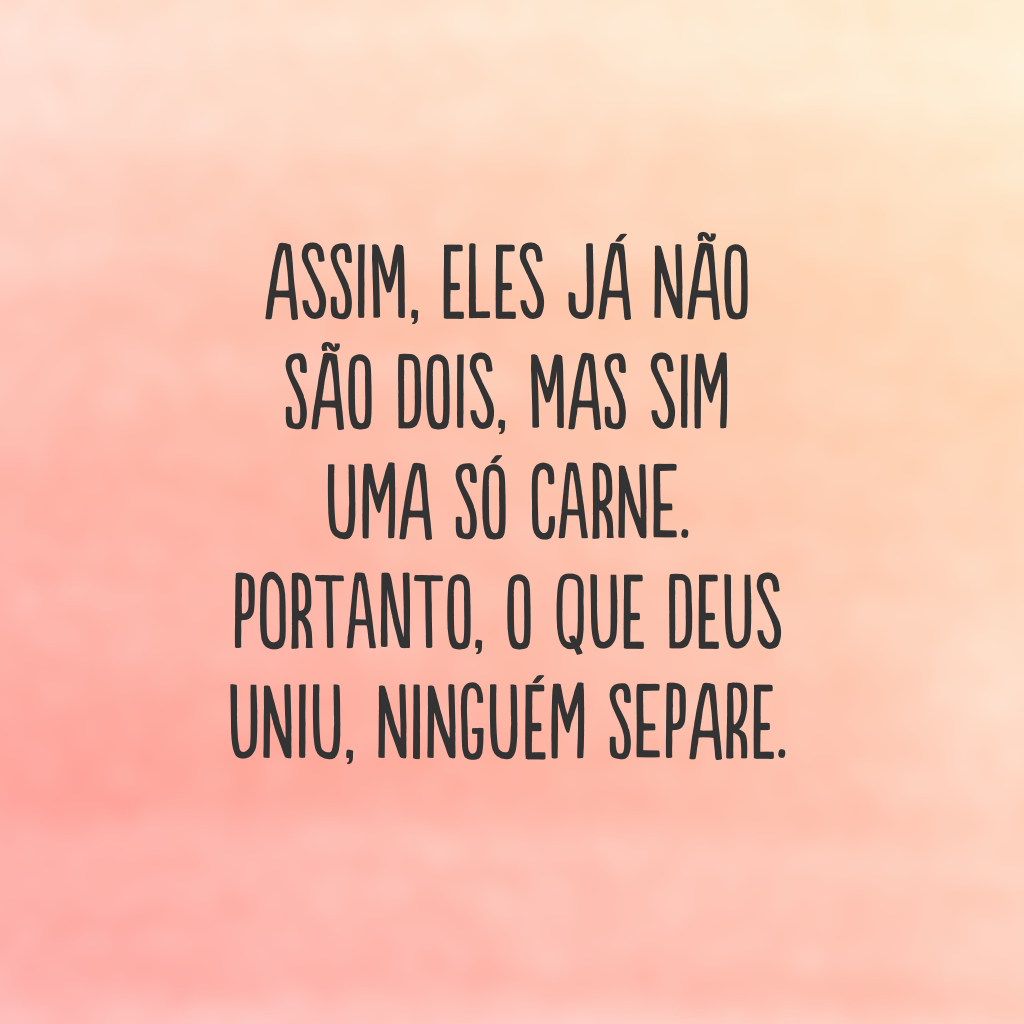 Assim, eles já não são dois, mas sim uma só carne. Portanto, o que Deus uniu, ninguém separe.