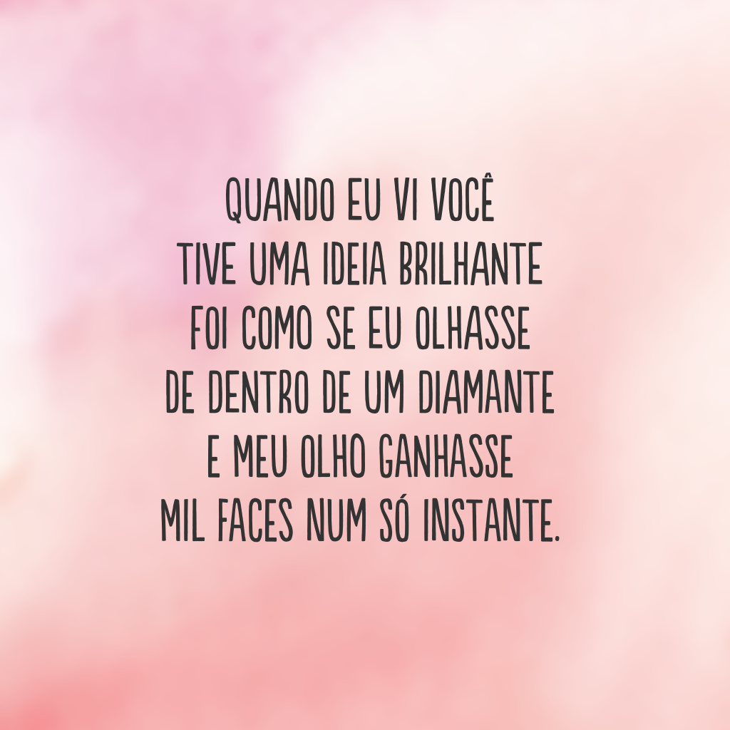 Quando eu vi você 
tive uma ideia brilhante 
Foi como se eu olhasse 
de dentro de um diamante 
e meu olho ganhasse 
mil faces num só instante.