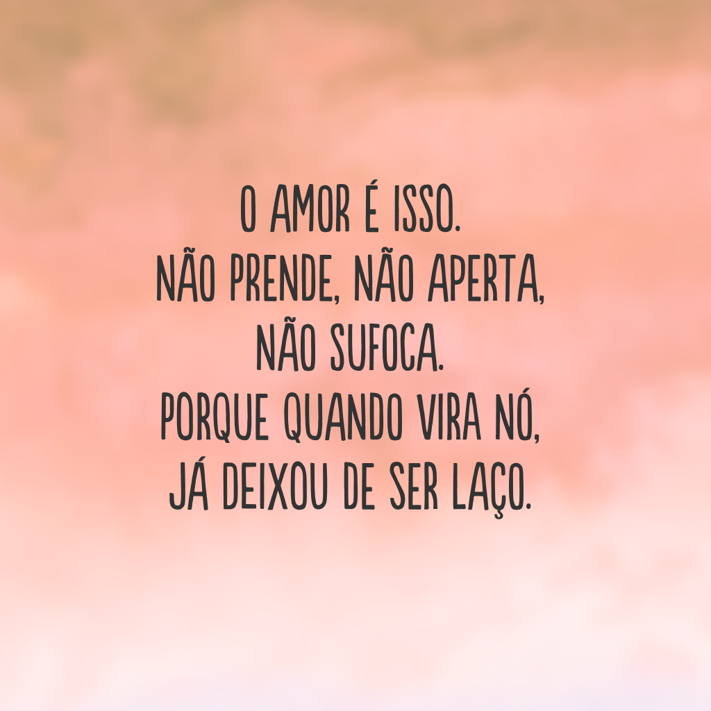 O amor é isso. 
Não prende, não aperta, não sufoca. 
Porque quando vira nó,
já deixou de ser laço.