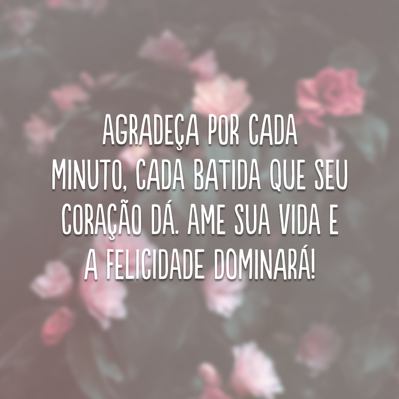 Agradeça por cada minuto, cada batida que seu coração dá. Ame sua vida e a felicidade dominará! 