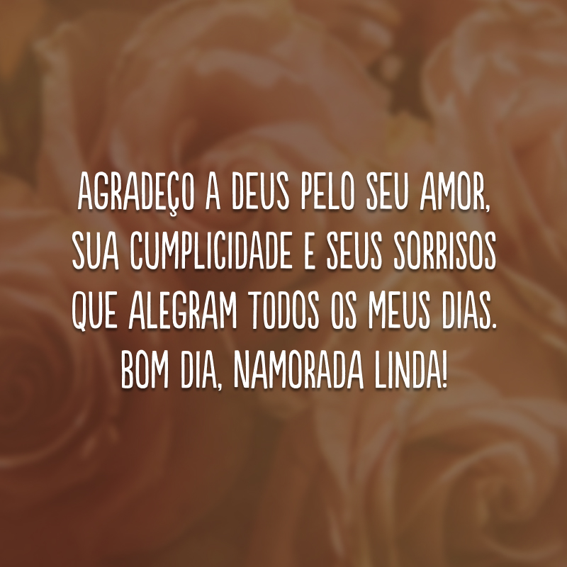 Agradeço a Deus pelo seu amor, sua cumplicidade e seus sorrisos que alegram todos os meus dias. Bom dia, namorada linda!