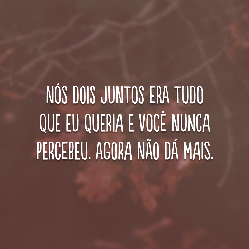 Nós dois juntos era tudo que eu queria e você nunca percebeu. Agora não dá mais. 