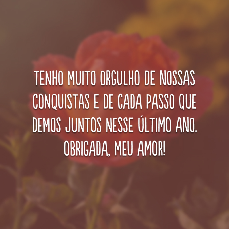 Tenho muito orgulho de nossas conquistas e de cada passo que demos juntos nesse último ano. Obrigada, meu amor!