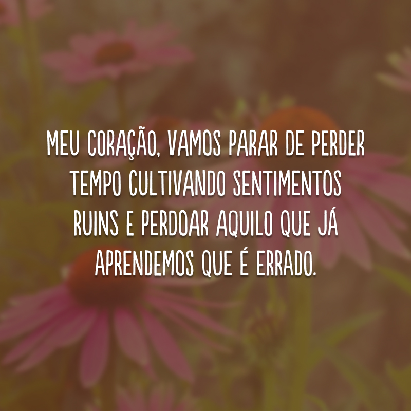 Meu coração, vamos parar de perder tempo cultivando sentimentos ruins e perdoar aquilo que já aprendemos que é errado.