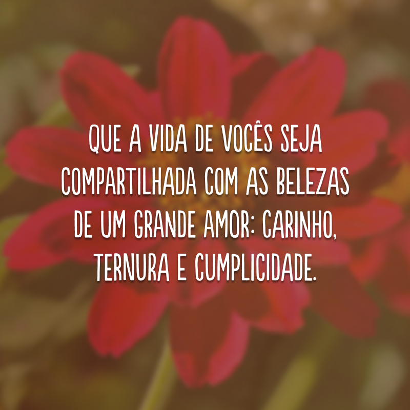 Que a vida de vocês seja compartilhada com as belezas de um grande amor: carinho, ternura e cumplicidade.
