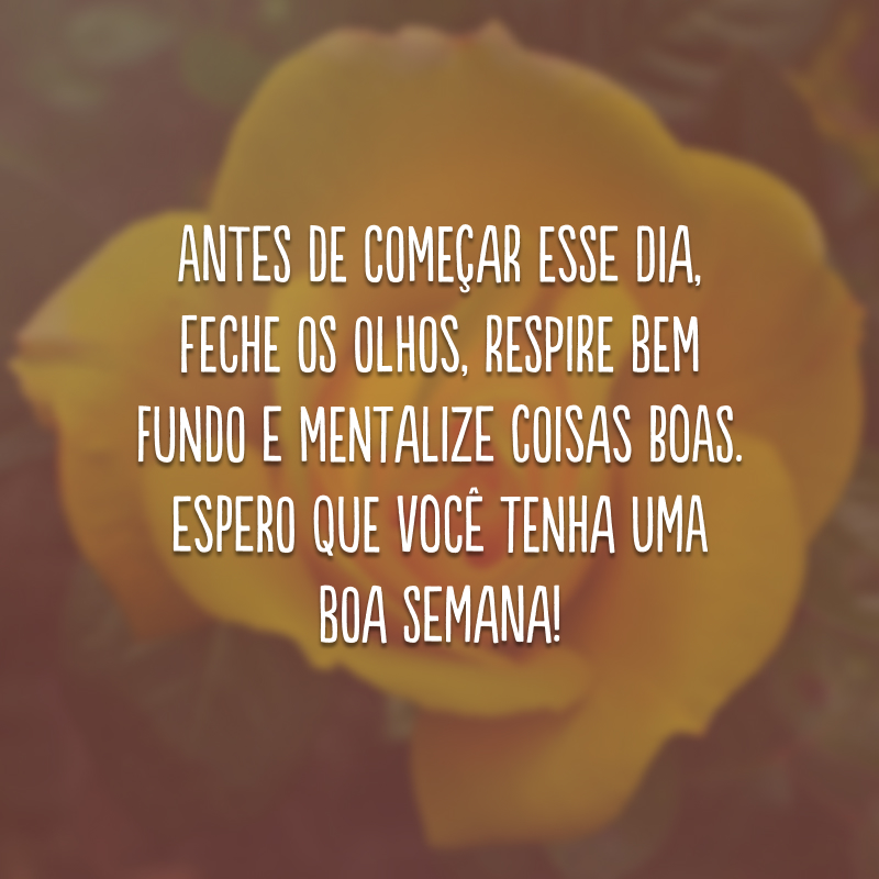 Antes de começar esse dia, feche os olhos, respire bem fundo e mentalize coisas boas. Espero que você tenha uma boa semana!
