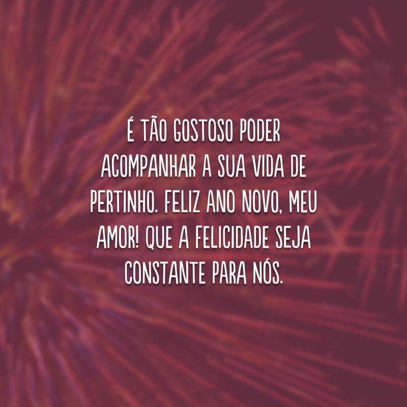 É tão gostoso poder acompanhar a sua vida de pertinho. Feliz Ano Novo, meu amor! Que a felicidade seja constante para nós.
