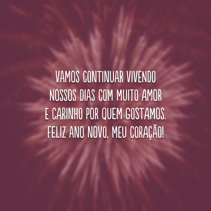 Vamos continuar vivendo nossos dias com muito amor e carinho por quem gostamos. Feliz Ano Novo, meu coração!
