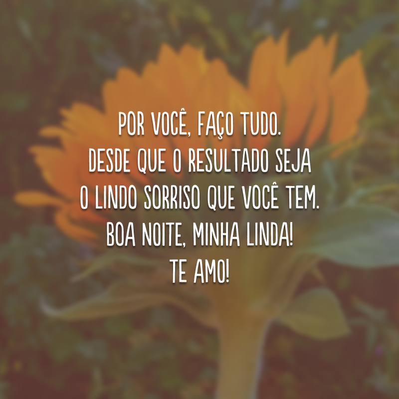 Por você, faço tudo. Desde que o resultado seja o lindo sorriso que você tem. Boa noite, minha linda! Te amo!
