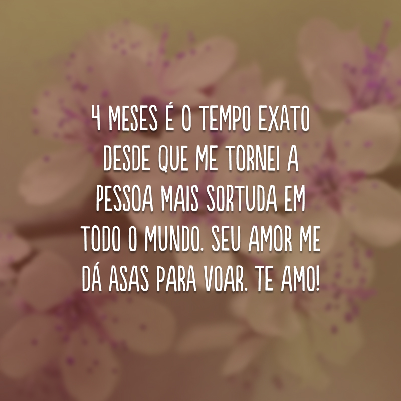 4 meses é o tempo exato desde que me tornei a pessoa mais sortuda em todo o mundo. Seu amor me dá asas para voar. Te amo!
