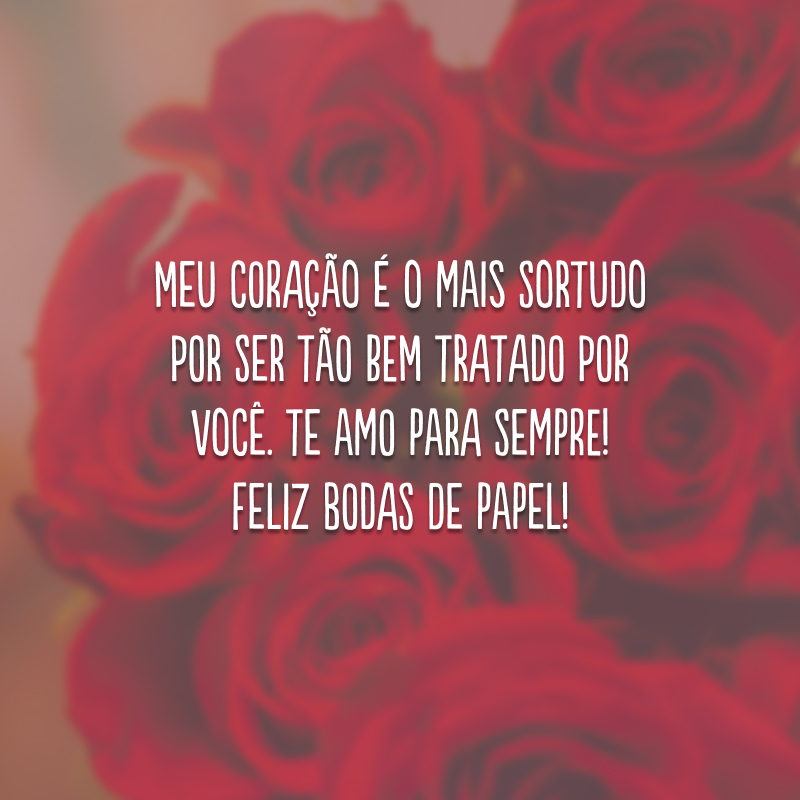 Meu coração é o mais sortudo por ser tão bem tratado por você. Te amo para sempre! Feliz bodas de papel!
