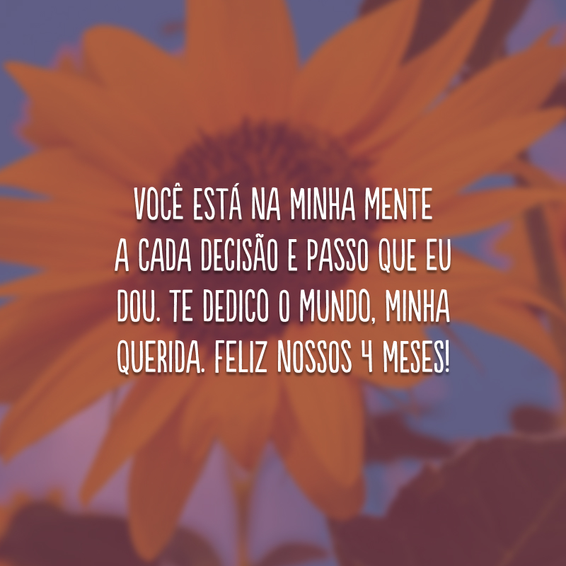 Você está na minha mente a cada decisão e passo que eu dou. Te dedico o mundo, minha querida. Feliz nossos 4 meses!
