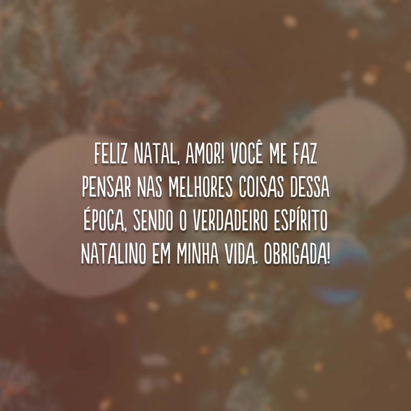 Feliz Natal, amor! Você me faz pensar nas melhores coisas dessa época, sendo o verdadeiro espírito natalino em minha vida. Obrigada!
