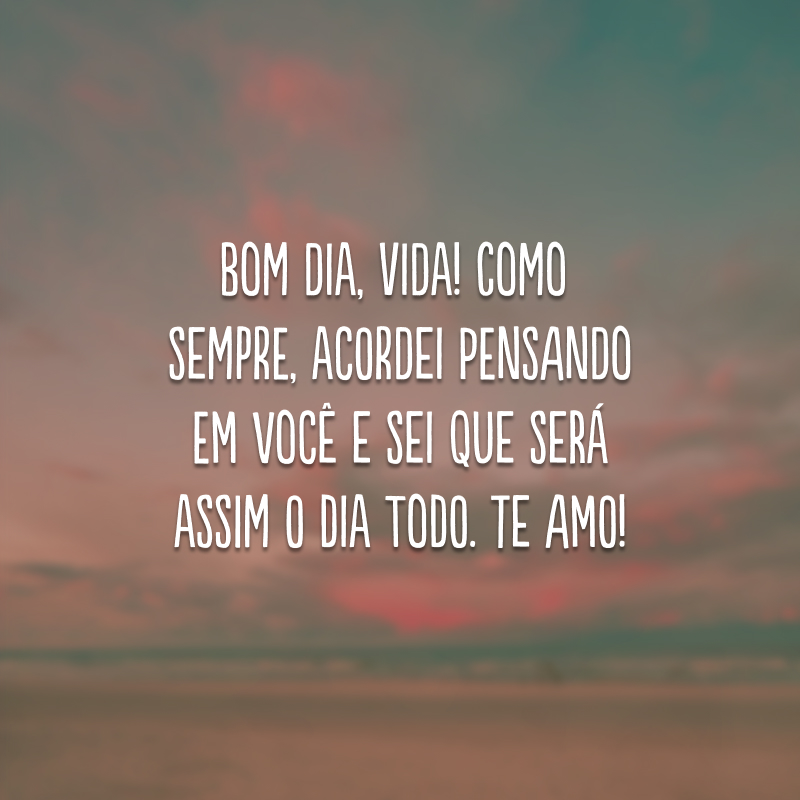 Bom dia, vida! Como sempre, acordei pensando em você e sei que será assim o dia todo. Te amo!