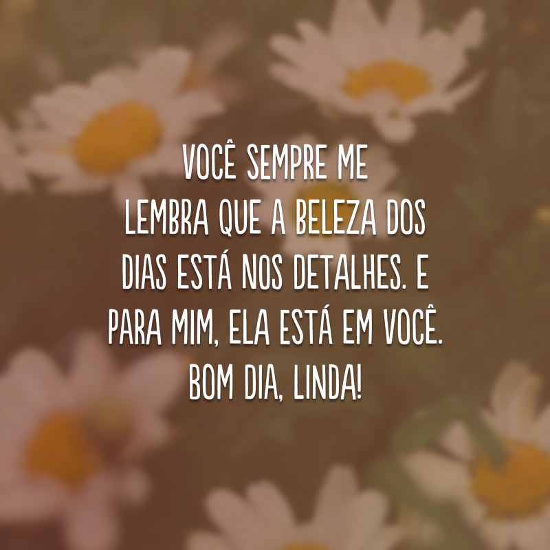 Você sempre me lembra que a beleza dos dias está nos detalhes. E para mim, ela está em você. Bom dia, linda!