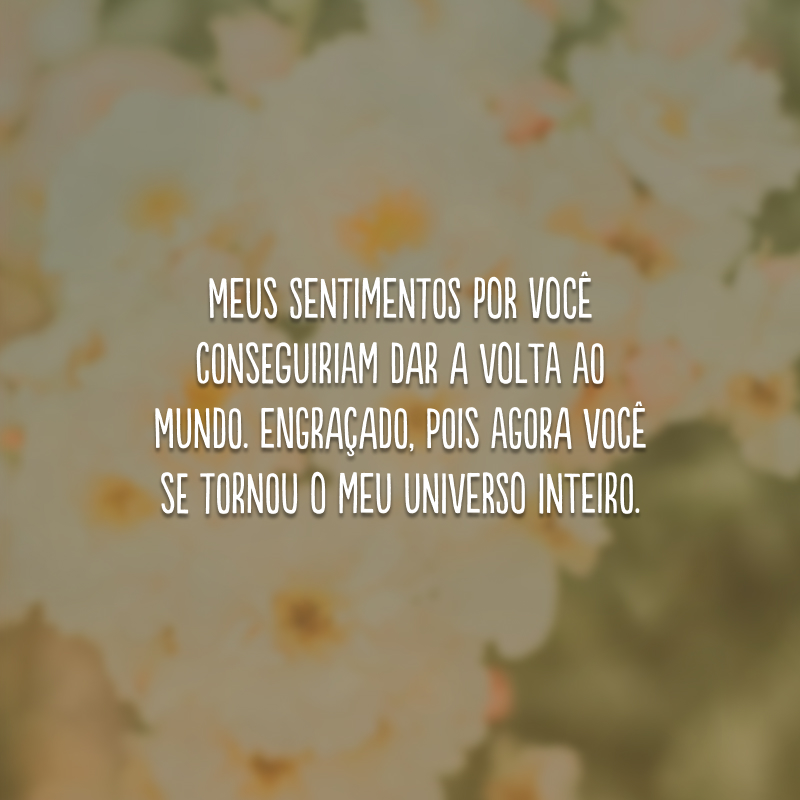 Meus sentimentos por você conseguiriam dar a volta ao mundo. Engraçado, pois agora você se tornou o meu universo inteiro.