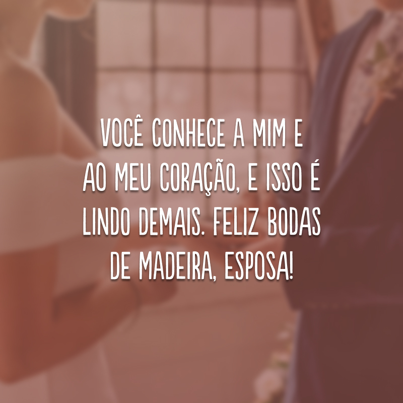 Você conhece a mim e ao meu coração, e isso é lindo demais. Feliz bodas de madeira, esposa!